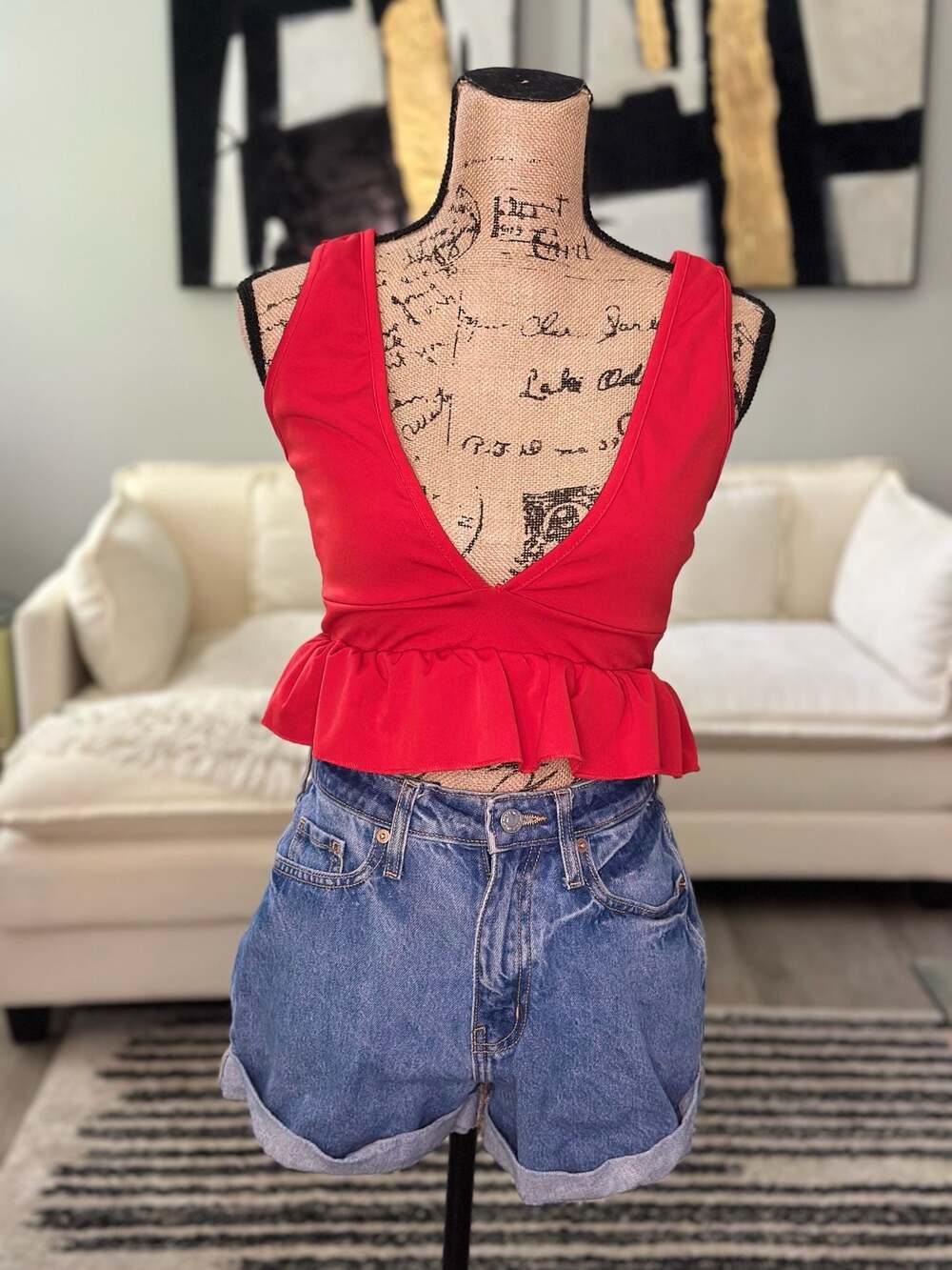 Red Plunging Neckline Peplum Ruffle Hem Sleeveless Tank Top